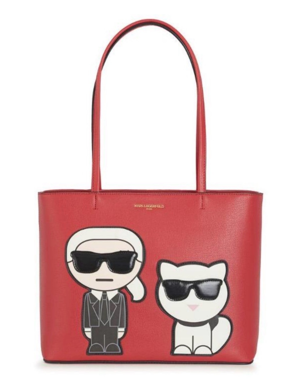 Karl Lagerfeld Red Faux Leather Tote with Designer & Cat Appliqués